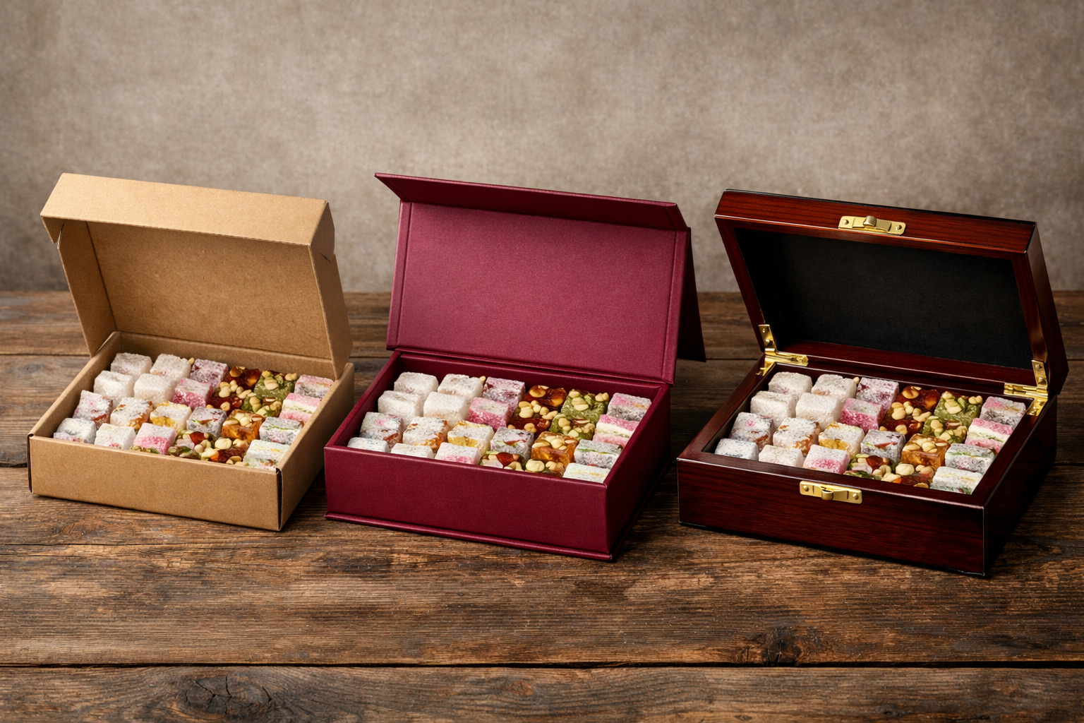 Farkli ambalaj tipleri: karton, mukavva ve ahsap kutular