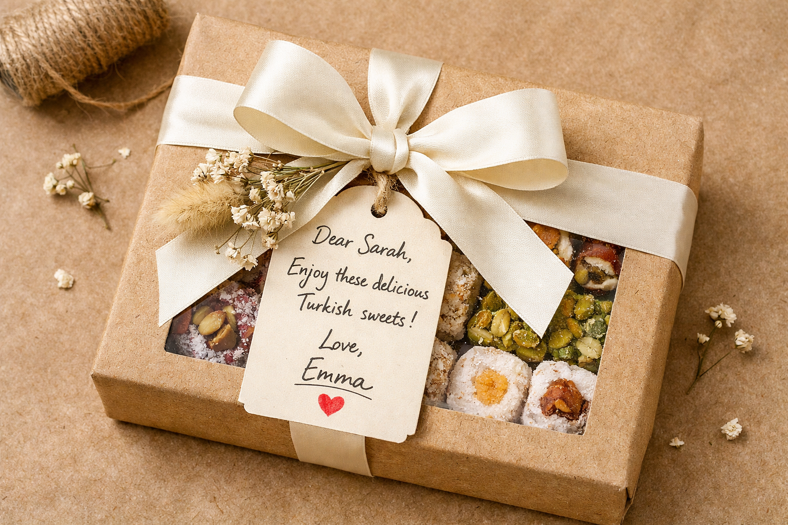 Kurdele, etiket ve hediye karti ile kisissellestirilmis kutu